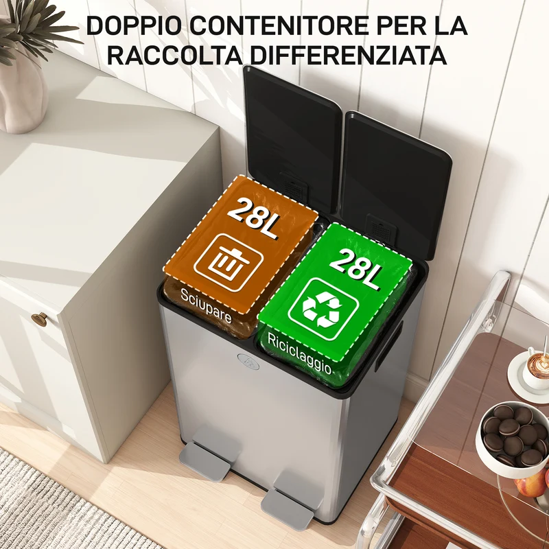 Pattumiera Differenziata Cestino Spazzatura 2 Scomparti da 28L in Acciaio Inox Argento