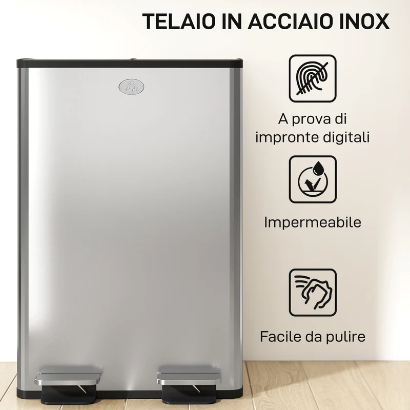 Pattumiera Differenziata Cestino Spazzatura 2 Scomparti da 28L in Acciaio Inox Argento