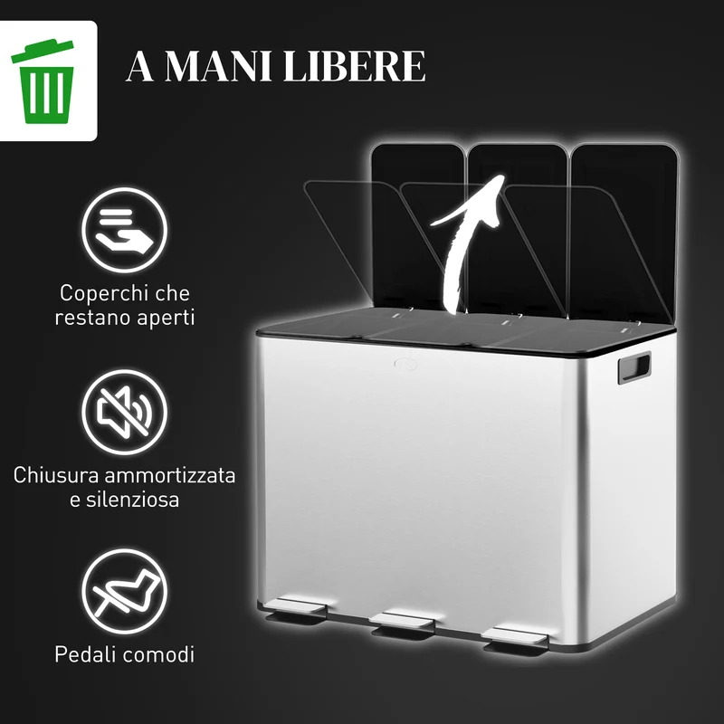 Pattumiera Differenziata Cestino Spazzatura 3 Scomparti da 10L in Acciaio Inox Argento