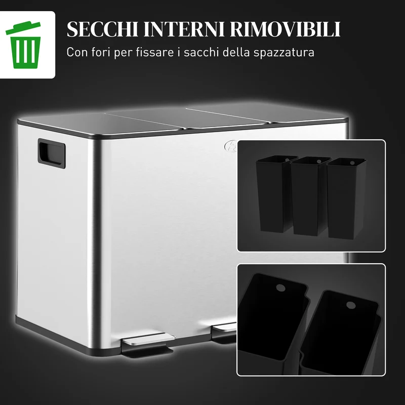 Pattumiera Differenziata Cestino Spazzatura 3 Scomparti da 10L in Acciaio Inox Argento