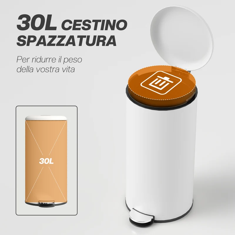Pattumiera Bidone Immondizia 36x30x63,5 cm Cestino Rifiuti a Pedale Capienza 30L in Metallo Bianco Crema