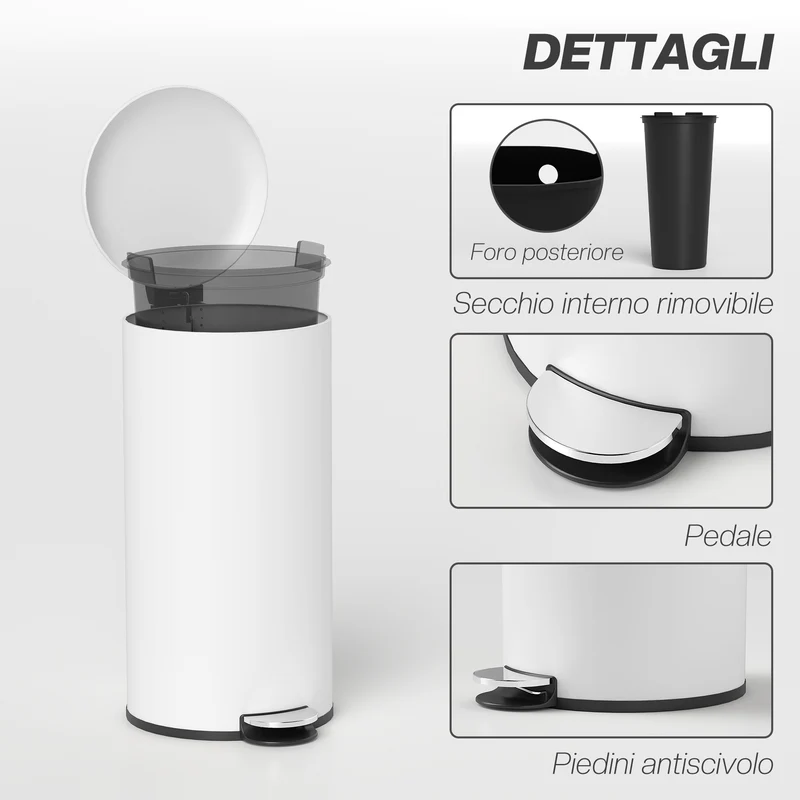 Pattumiera Bidone Immondizia 36x30x63,5 cm Cestino Rifiuti a Pedale Capienza 30L in Metallo Bianco Crema
