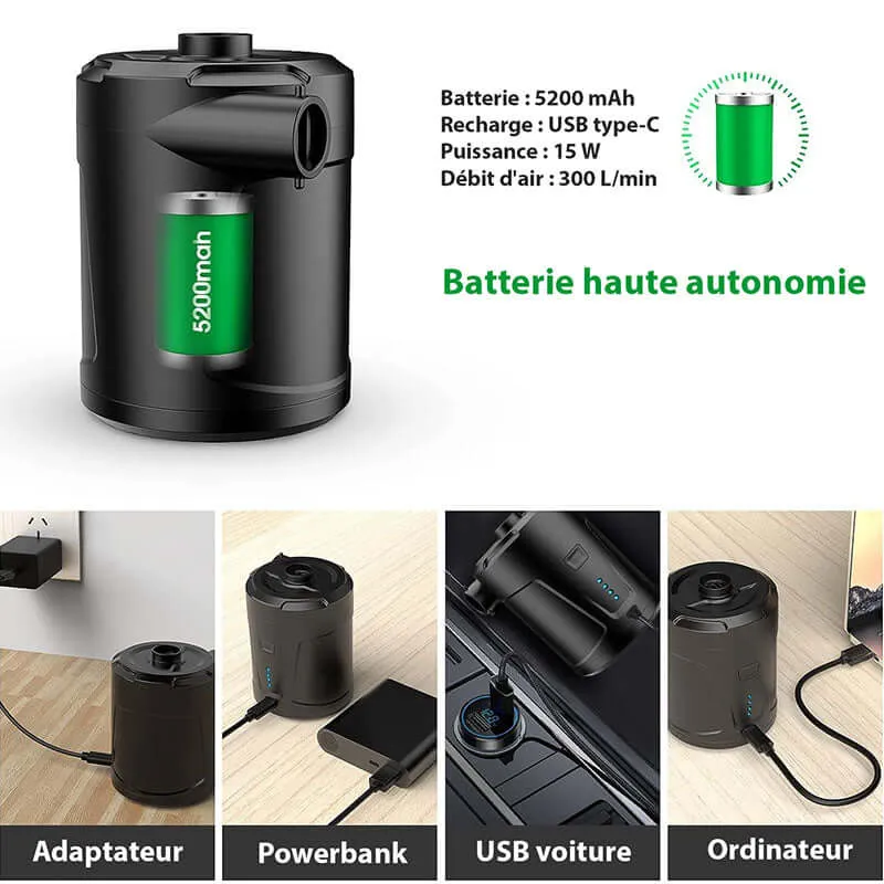 Gonfleur Electrique Matelas Sans Fil - Rechargeable - 3 Buses