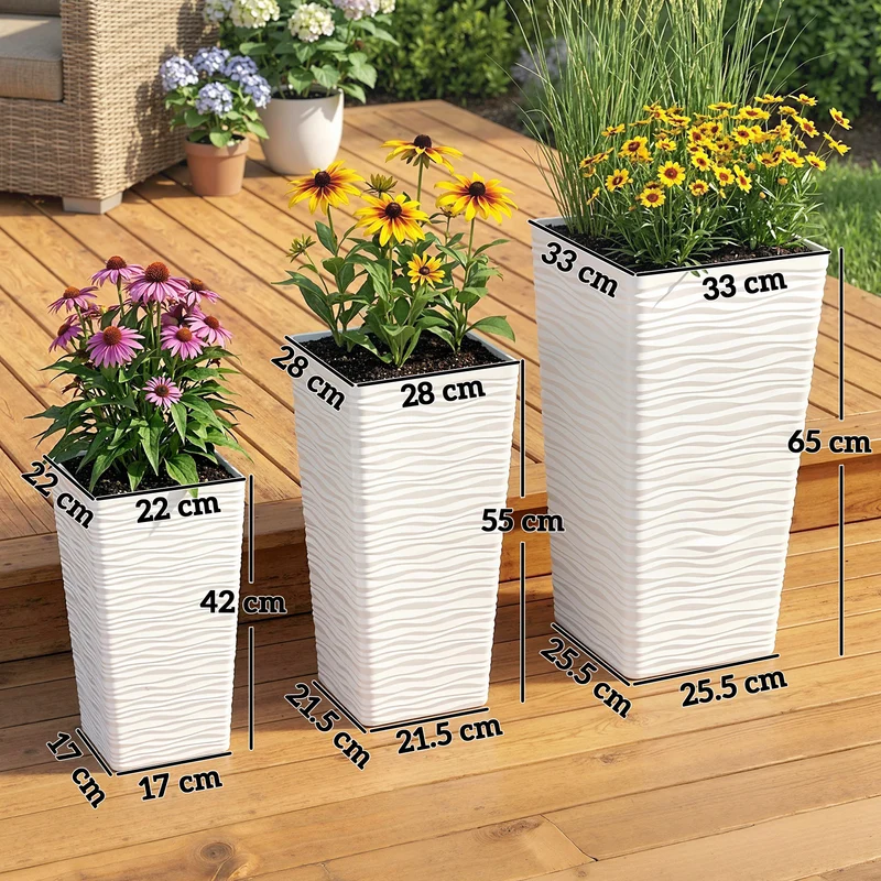 Set 3 Vasi da Esterno 42-55-65 cm Impilabili con Motivo Ondulato in Plastica Bianco
