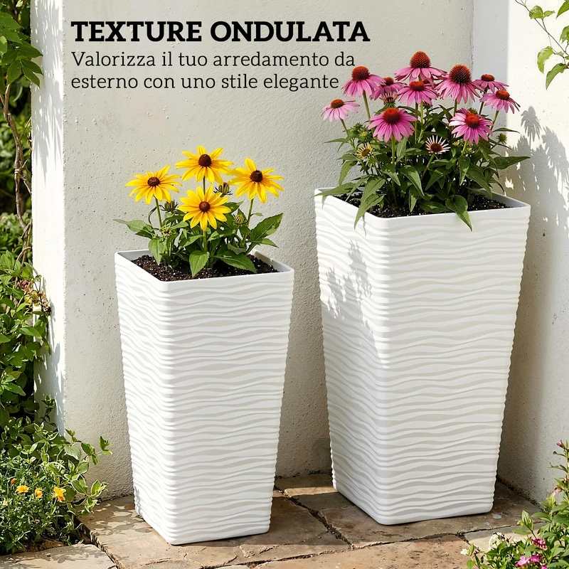 Set 3 Vasi da Esterno 42-55-65 cm Impilabili con Motivo Ondulato in Plastica Bianco