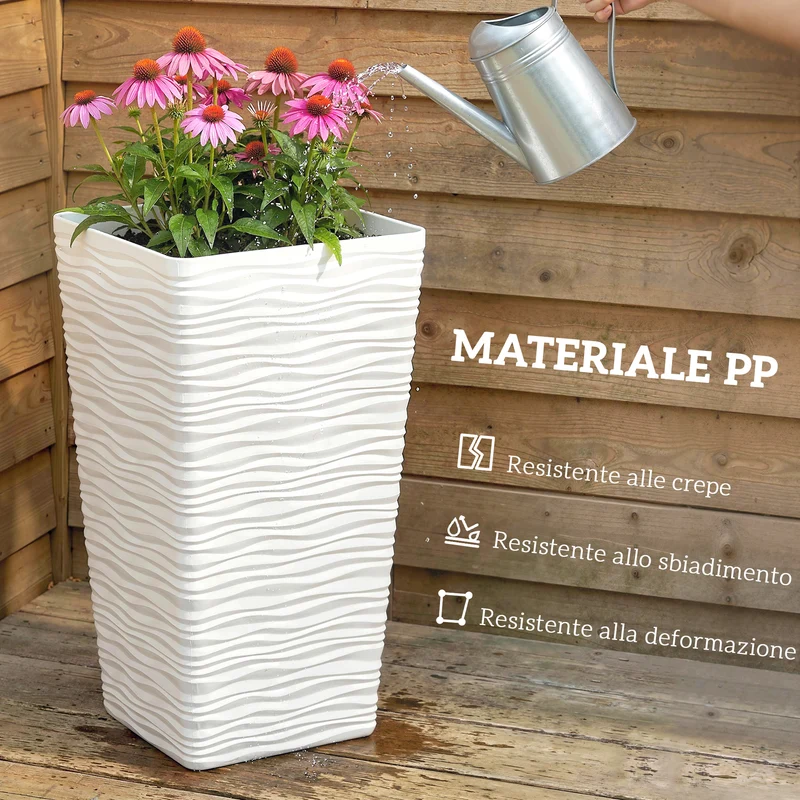 Set 3 Vasi da Esterno 42-55-65 cm Impilabili con Motivo Ondulato in Plastica Bianco