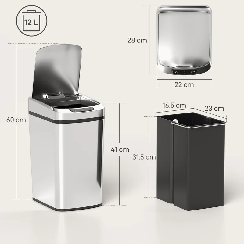 Pattumiera Cestino per Rifiuti 28x22x41 cm Contenitore Rimuovibile da 12L Apertura a Infrarossi in Acciaio Inox ABS e PP Argento