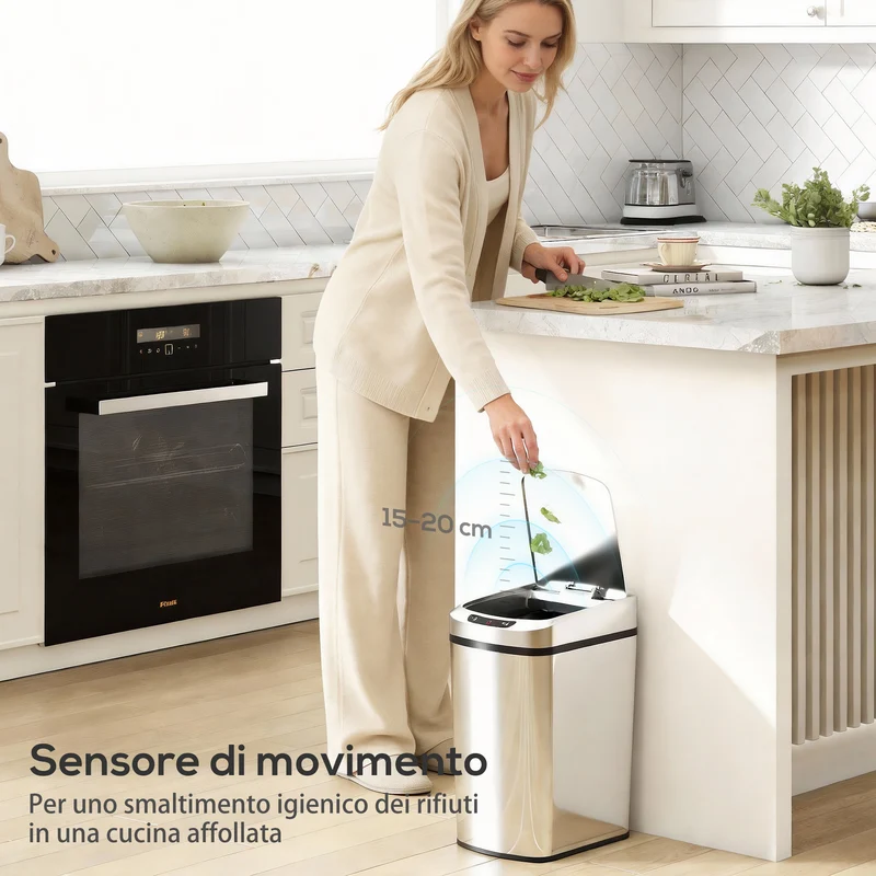 Pattumiera Cestino per Rifiuti 28x22x41 cm Contenitore Rimuovibile da 12L Apertura a Infrarossi in Acciaio Inox ABS e PP Argento