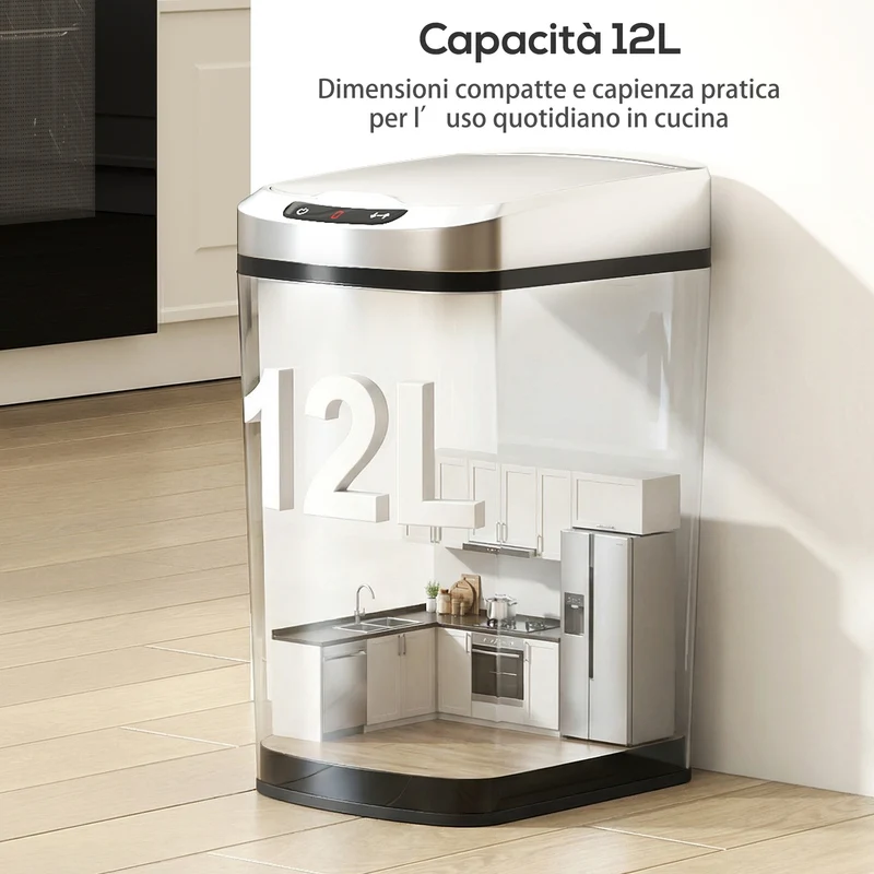 Pattumiera Cestino per Rifiuti 28x22x41 cm Contenitore Rimuovibile da 12L Apertura a Infrarossi in Acciaio Inox ABS e PP Argento