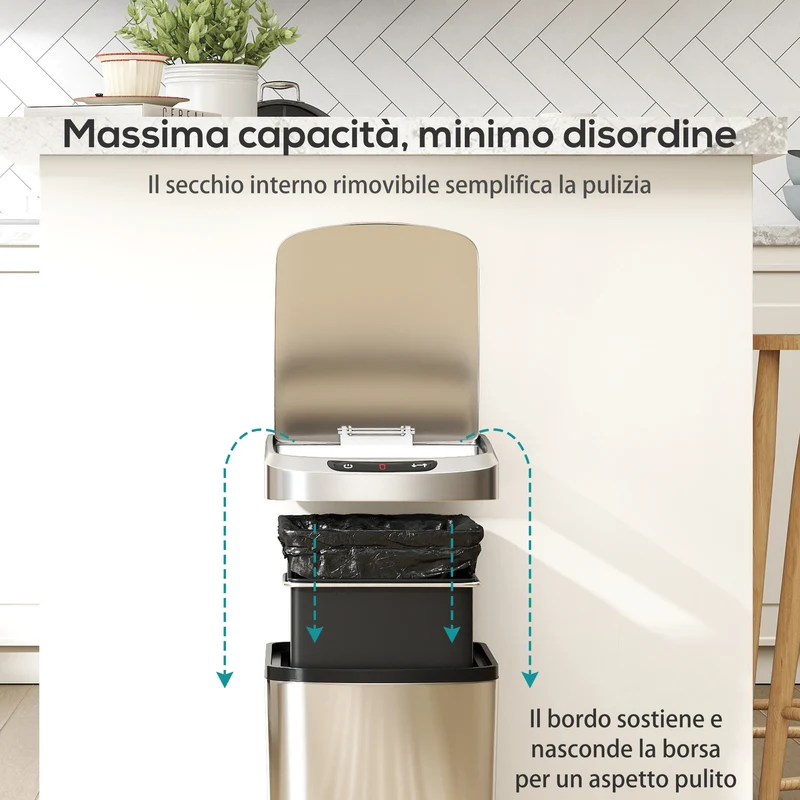 Pattumiera Cestino per Rifiuti 28x22x41 cm Contenitore Rimuovibile da 12L Apertura a Infrarossi in Acciaio Inox ABS e PP Argento