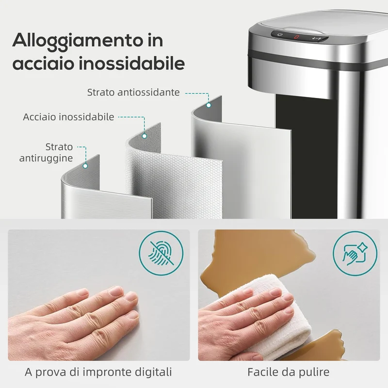 Pattumiera Cestino per Rifiuti 28x22x41 cm Contenitore Rimuovibile da 12L Apertura a Infrarossi in Acciaio Inox ABS e PP Argento