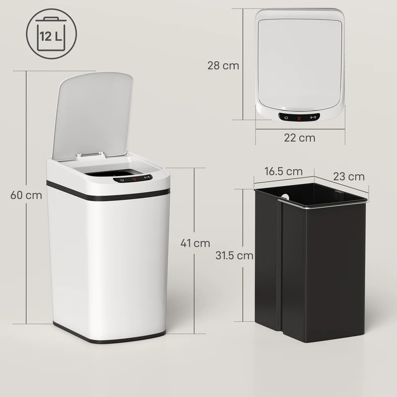 Pattumiera Cestino per Rifiuti 28x22x41 cm Contenitore Rimuovibile da 12L Apertura a Infrarossi in Acciaio Inox ABS e PP Bianco
