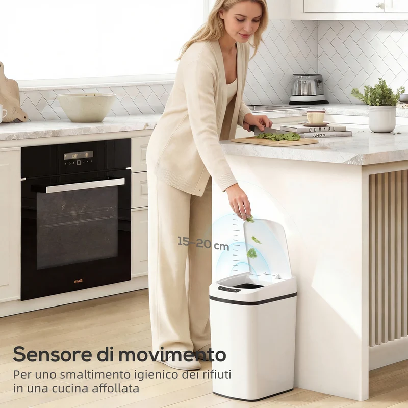 Pattumiera Cestino per Rifiuti 28x22x41 cm Contenitore Rimuovibile da 12L Apertura a Infrarossi in Acciaio Inox ABS e PP Bianco