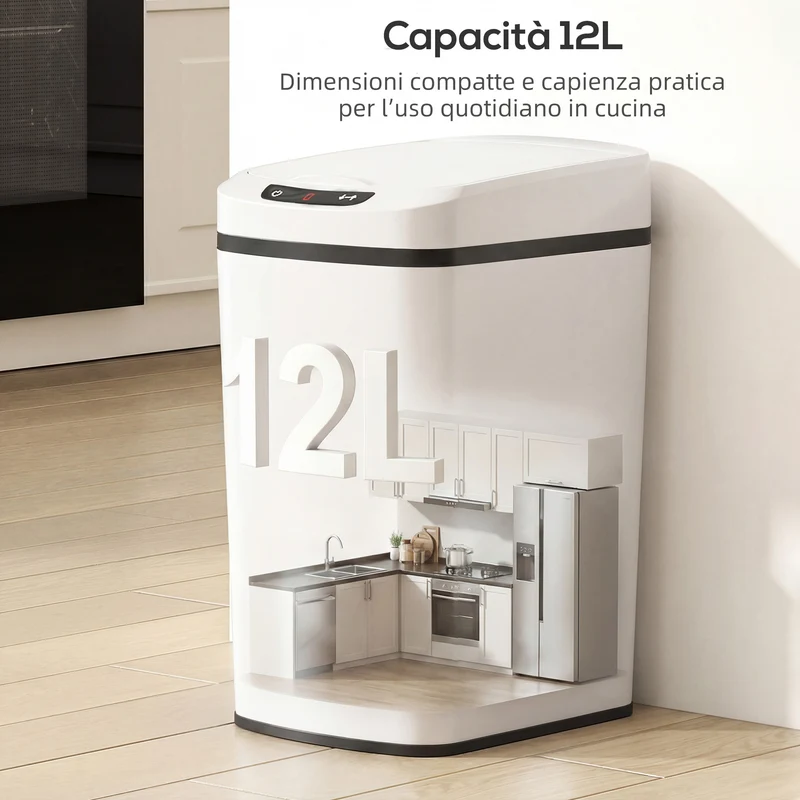 Pattumiera Cestino per Rifiuti 28x22x41 cm Contenitore Rimuovibile da 12L Apertura a Infrarossi in Acciaio Inox ABS e PP Bianco