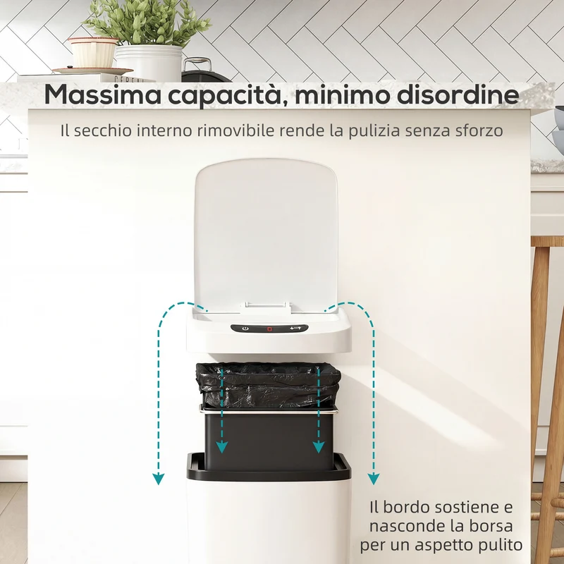 Pattumiera Cestino per Rifiuti 28x22x41 cm Contenitore Rimuovibile da 12L Apertura a Infrarossi in Acciaio Inox ABS e PP Bianco