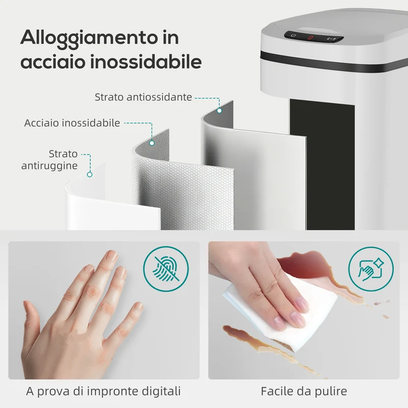 Pattumiera Cestino per Rifiuti 28x22x41 cm Contenitore Rimuovibile da 12L Apertura a Infrarossi in Acciaio Inox ABS e PP Bianco