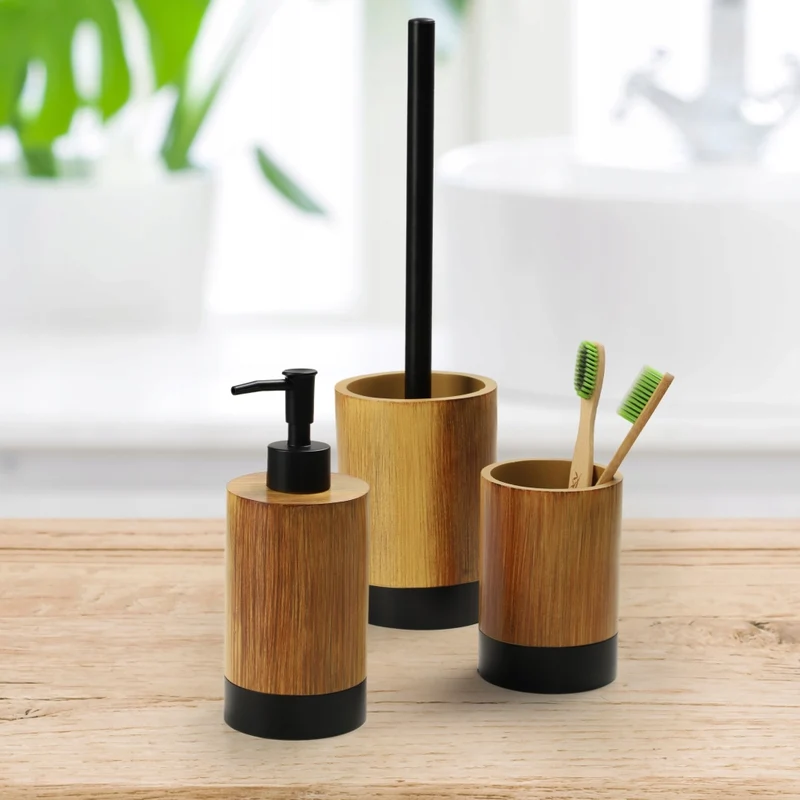 Set da bagno KADAX 3 in 1: dispenser di sapone per WC, spazzolino e bicchiere, colore marrone.