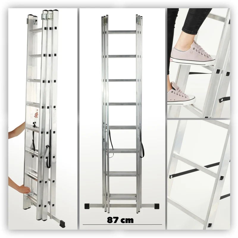 Scala universale in alluminio KADAX 3x8 pieghevole a doppia faccia, robusta + gancio