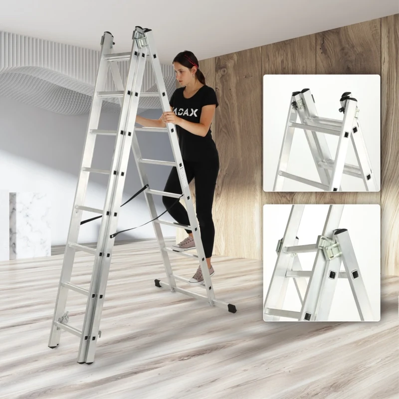 Scala universale in alluminio KADAX 3x8 pieghevole a doppia faccia, robusta + gancio
