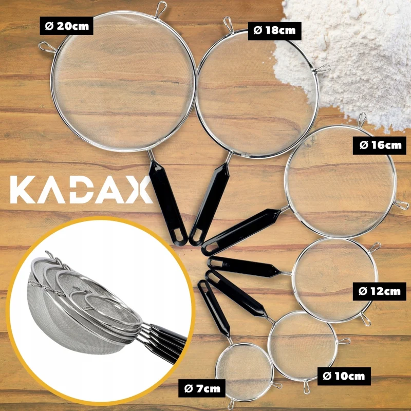 Colino da cucina KADAX con manico in acciaio per setacciare la farina, 10 cm di spessore