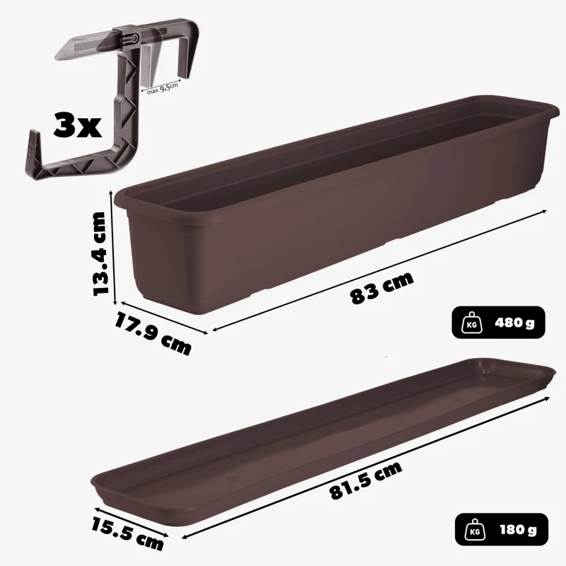 Vaso da fiori rettangolare KADAX per balcone, 80 cm, con supporto e manici.