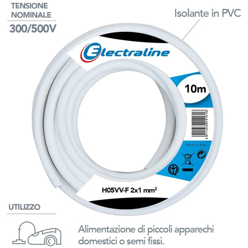Cavo Elettrico Prolunga 10mt 2x1 mm H05VV-F Matassa Filo Elettrico Bianco