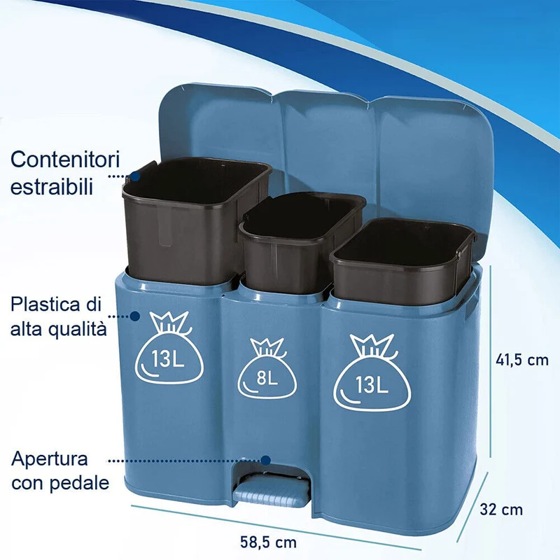 Pattumiera a 3 Vani per Raccolta Differenziata Esterno e Interno 34 Litri Blu