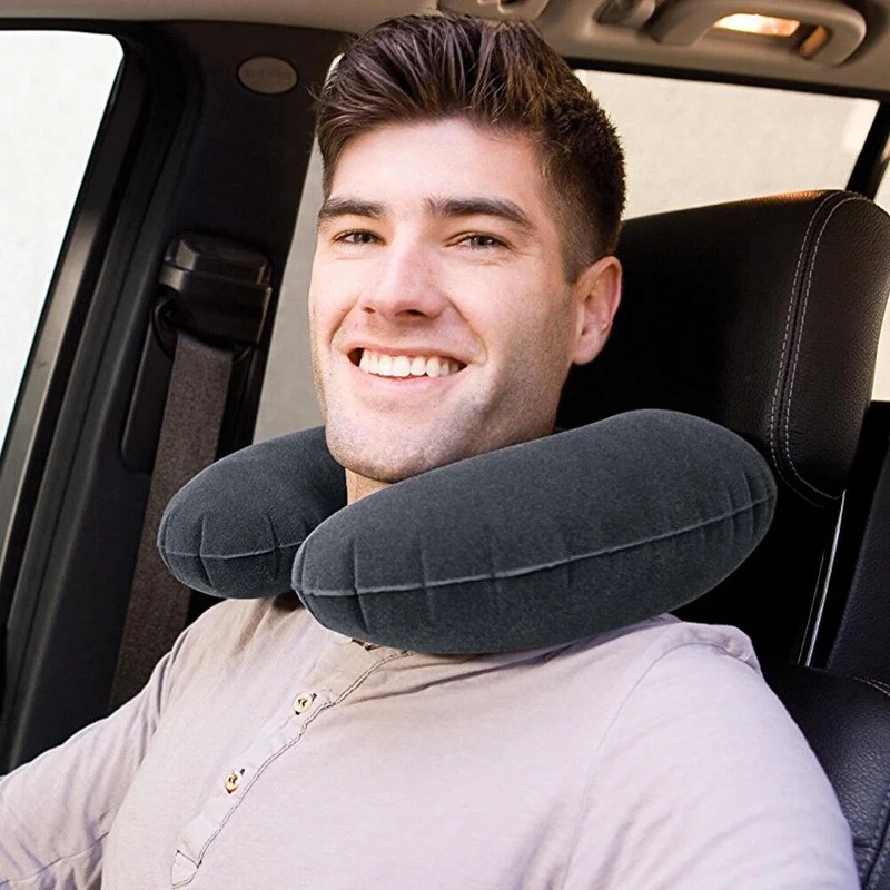 Cuscino da Viaggio Gonfiabile Intex in PVC Floccato Nero Treno Aereo Macchina