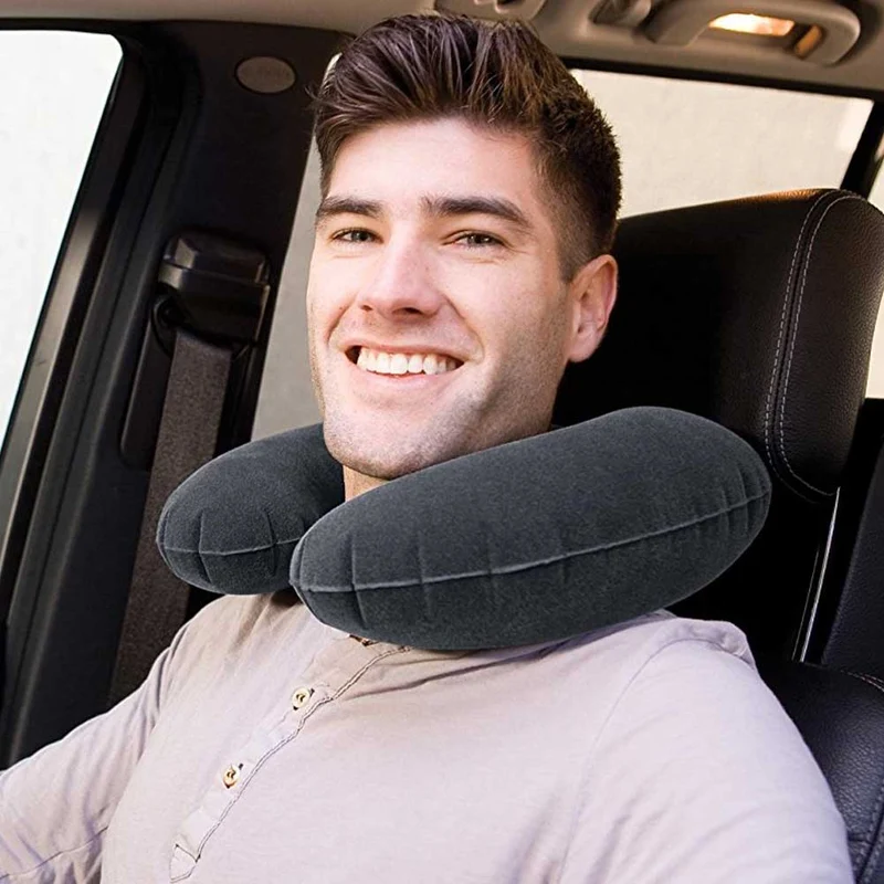 Cuscino da Viaggio Gonfiabile Intex in PVC Floccato Nero Treno Aereo Macchina