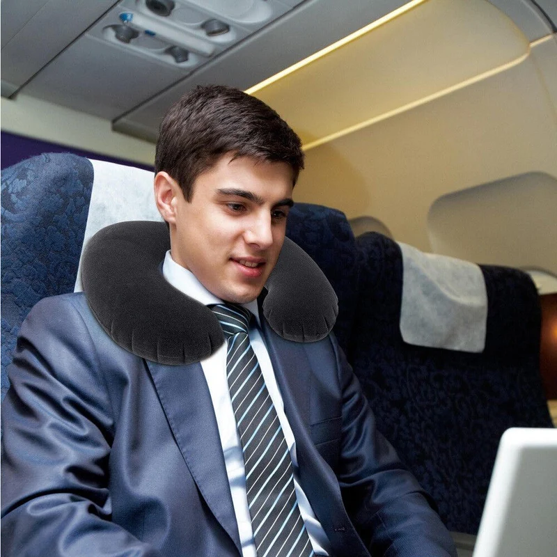 Cuscino da Viaggio Gonfiabile Intex in PVC Floccato Nero Treno Aereo Macchina