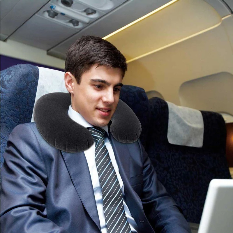 Cuscino da Viaggio Gonfiabile Intex in PVC Floccato Nero Treno Aereo Macchina