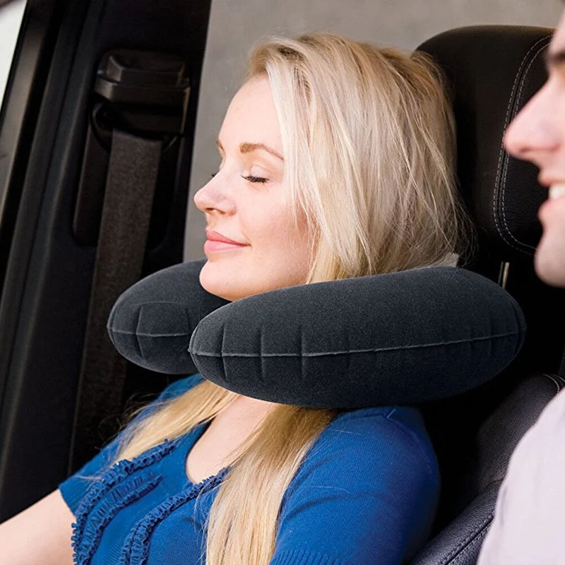 Cuscino da Viaggio Gonfiabile Intex in PVC Floccato Nero Treno Aereo Macchina