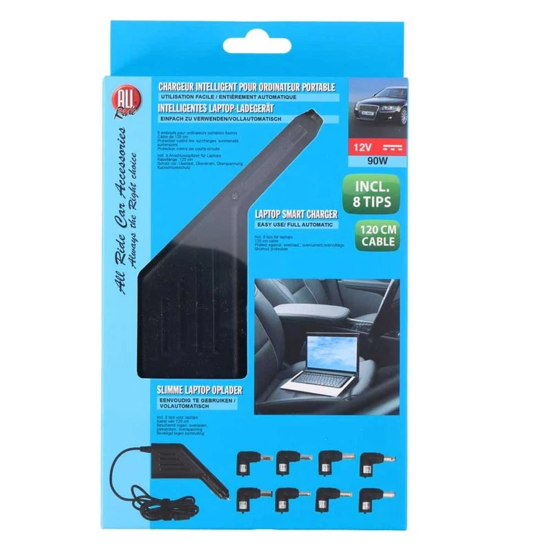 Caricabatteria Auto 12V Pc Laptop Computer Portatile Alimentatore ad 8 Jack 90W