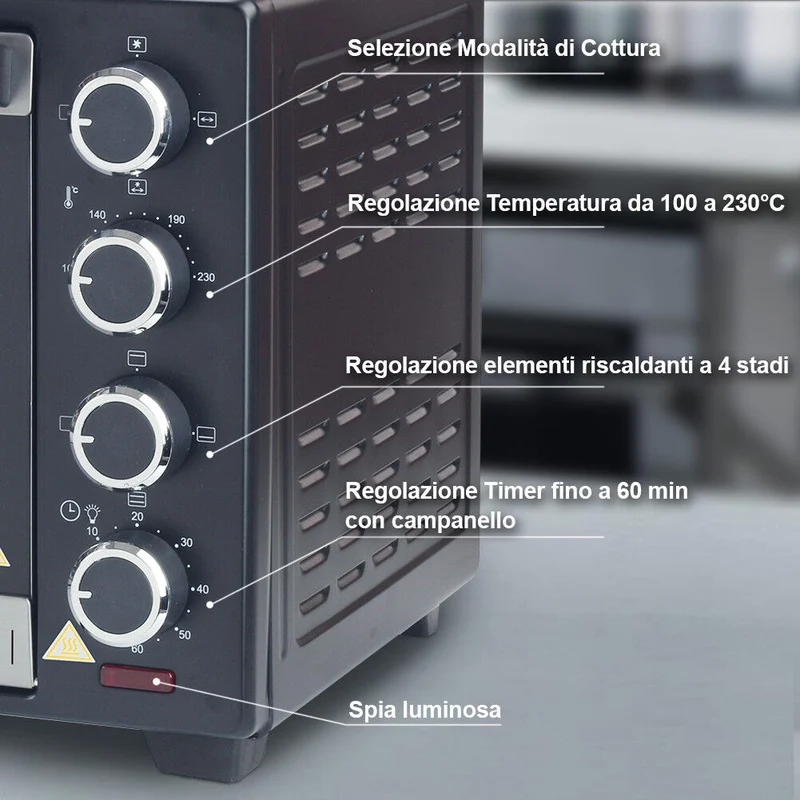 Forno Fornetto Elettrico Ventilato 30 litri 1600 W Luce Interna Timer Girarrosto