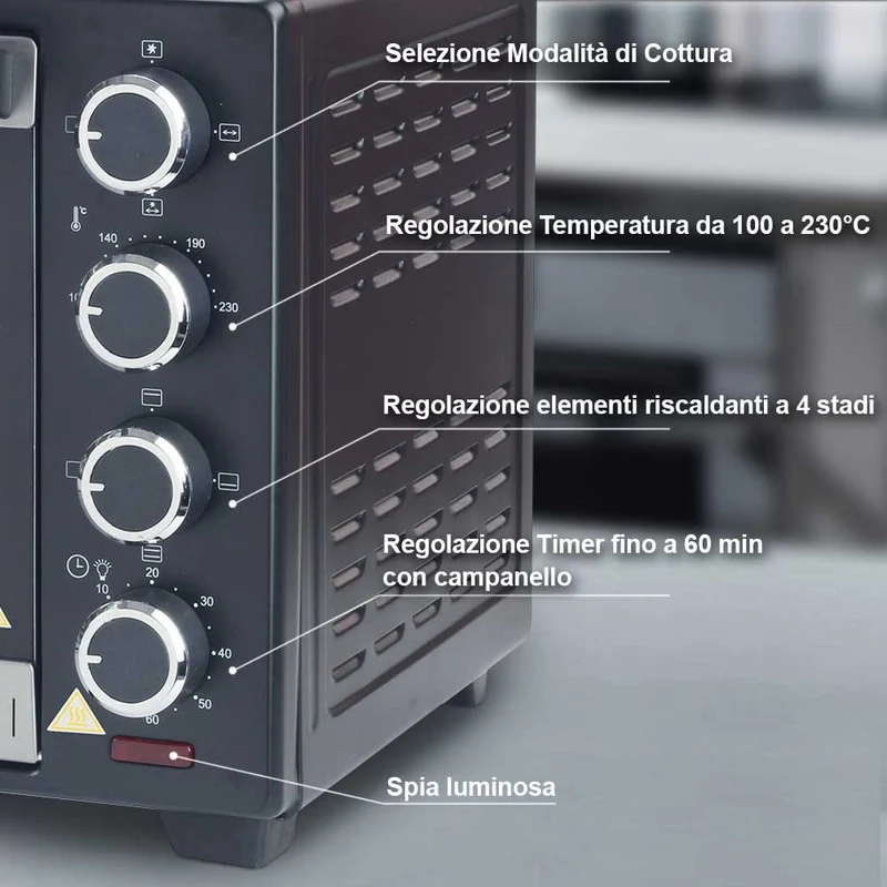 Forno Fornetto Elettrico Ventilato 48 litri 2000W Luce Interna Timer Girarrosto