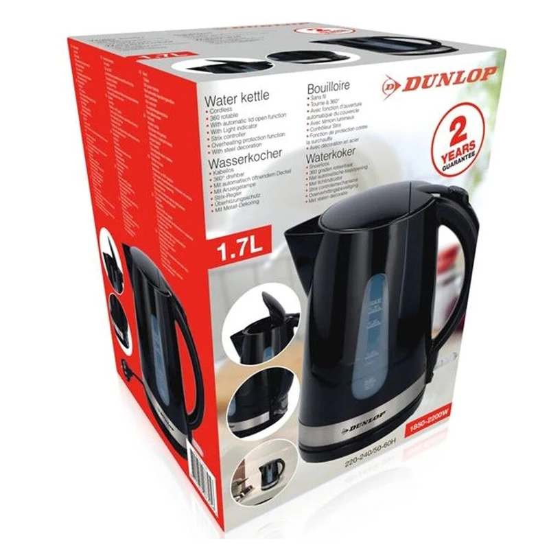 Bollitore Elettrico 1,7L 2200W Acqua Calda Cordless LED Senza Filo Nero Dunlop