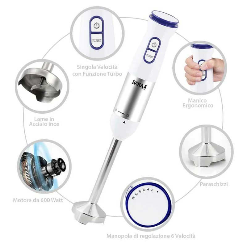 Frullatore ad Immersione 3in1 Lame Acciaio 600W 6 Velocita Sbattitore Tritatutto