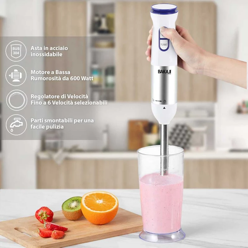 Frullatore ad Immersione 3in1 Lame Acciaio 600W 6 Velocita Sbattitore Tritatutto