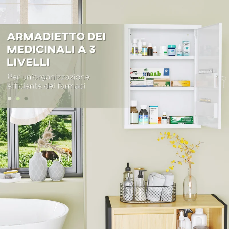 Armadietto Medicinali a Parete 40x15x53,5 cm con 2 Chiavi in Acciaio Bianco