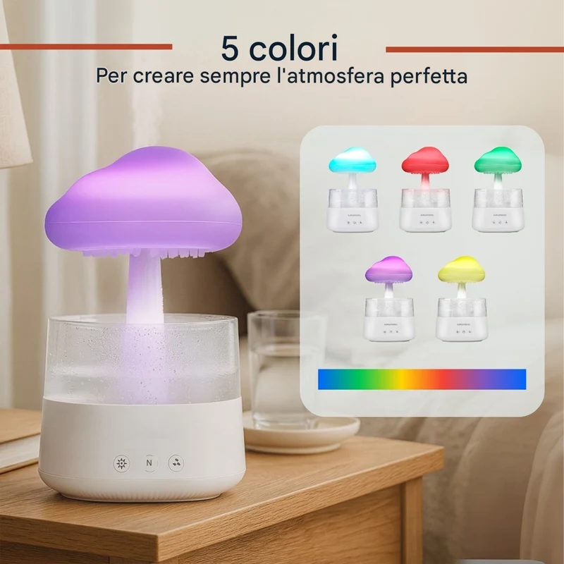 Umidificatore Ambiente Diffusore di Aromi Oli Essenziali e LED Funzione Pioggia