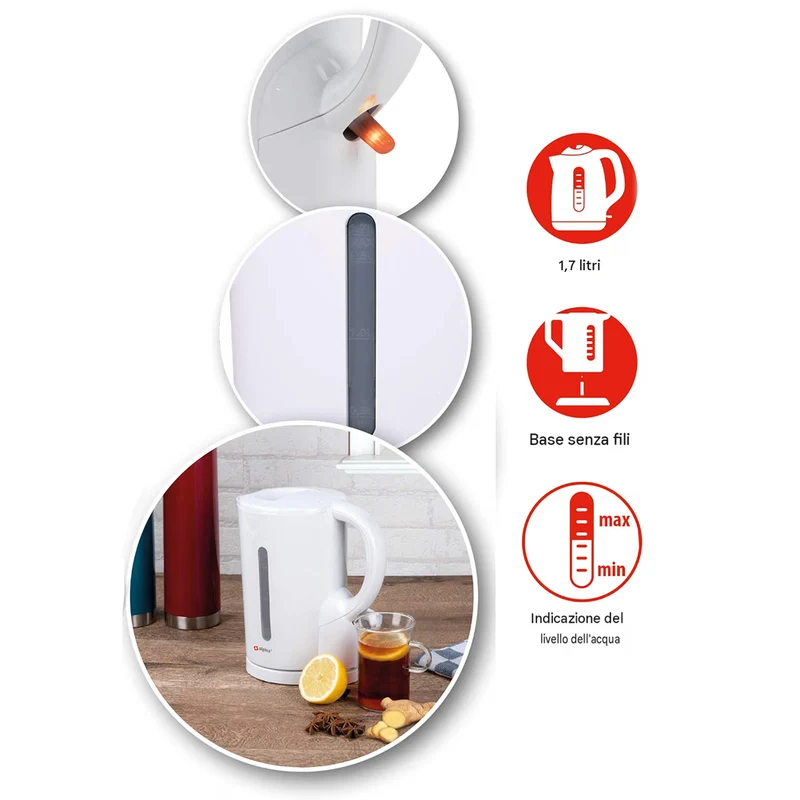 Bollitore Senza Fili in Plastica 1.7L 2200W Bianco per Acqua Zuppa Salvaspazio