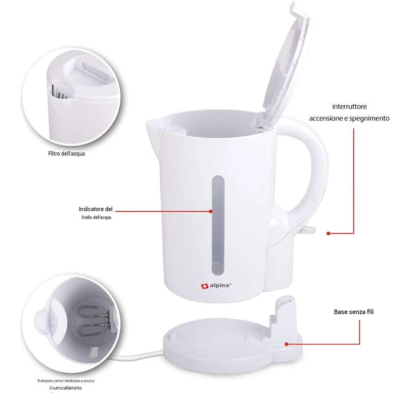 Bollitore Senza Fili in Plastica 1.7L 2200W Bianco per Acqua Zuppa Salvaspazio