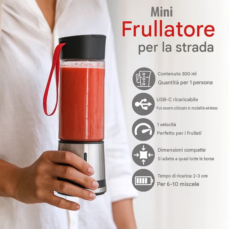 Frullatore Portatile 300ml Mini Smoothie Ricaricabile USB Mixer Portatile 125W