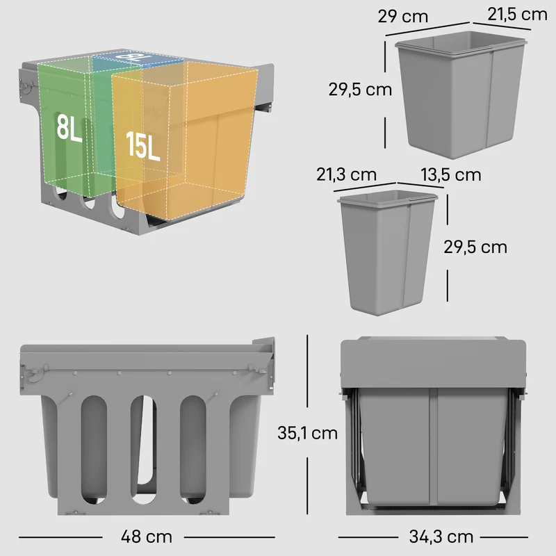 Pattumiera Estraibile Sottolavello da 31L con 3 Secchi Rimovibili e Piano Superiore in PP e ABS Grigio Chiaro