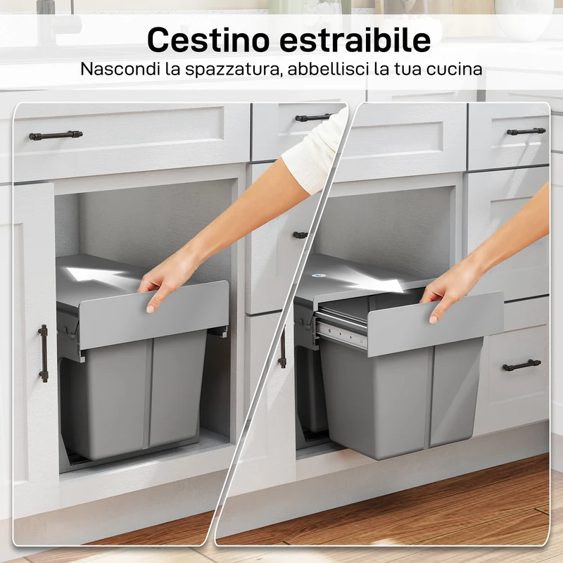 Pattumiera Estraibile Sottolavello da 31L con 3 Secchi Rimovibili e Piano Superiore in PP e ABS Grigio Chiaro