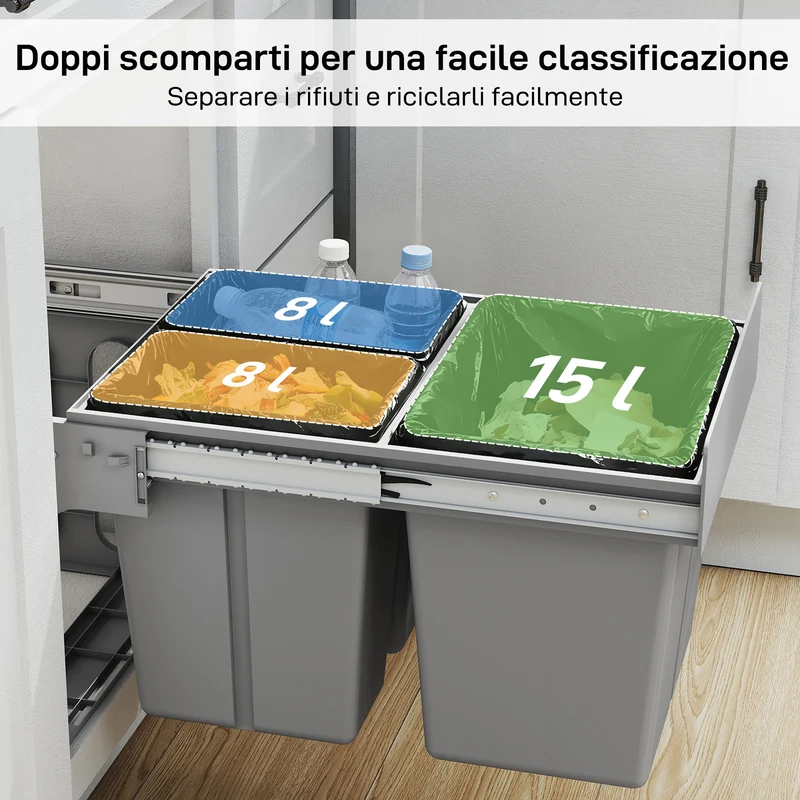 Pattumiera Estraibile Sottolavello da 31L con 3 Secchi Rimovibili e Piano Superiore in PP e ABS Grigio Chiaro