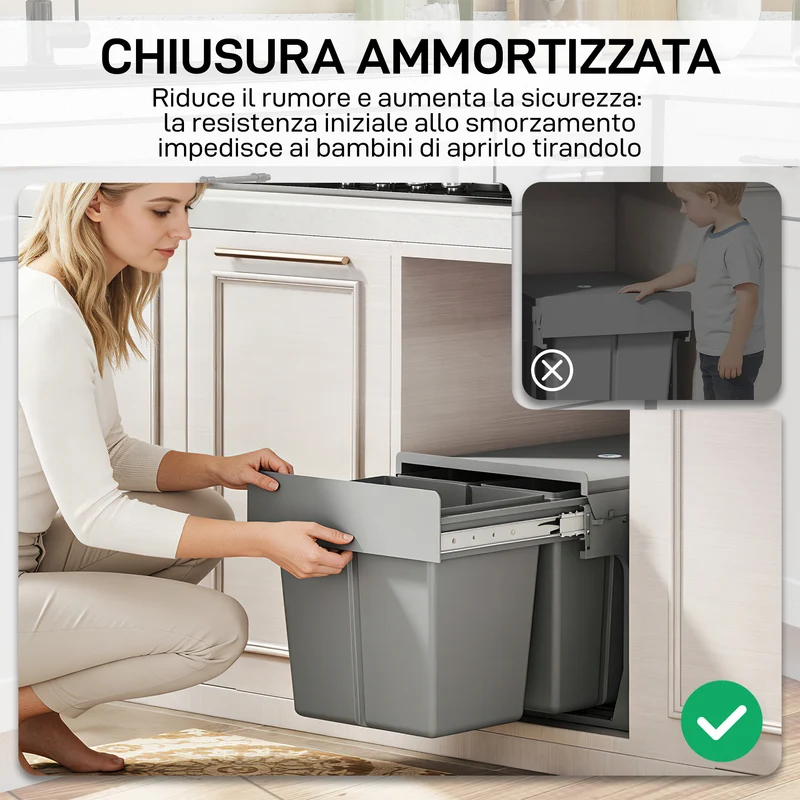 Pattumiera Estraibile Sottolavello da 31L con 3 Secchi Rimovibili e Piano Superiore in PP e ABS Grigio Chiaro
