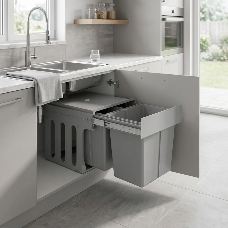Pattumiera Estraibile Sottolavello da 31L con 3 Secchi Rimovibili e Piano Superiore in PP e ABS Grigio Chiaro