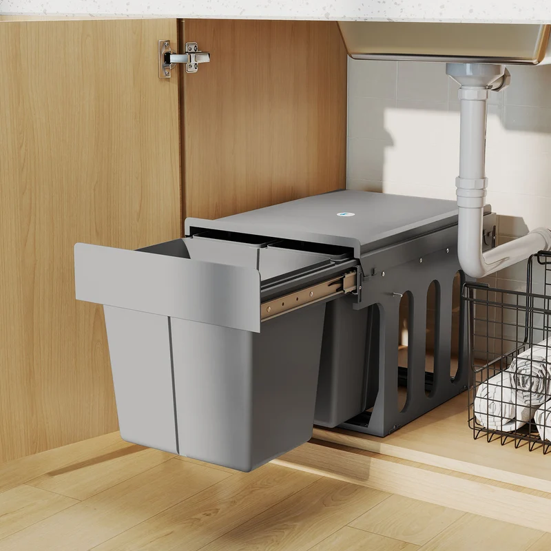 Pattumiera Estraibile Sottolavello da 31L con 3 Secchi Rimovibili e Piano Superiore in PP e ABS Grigio Chiaro