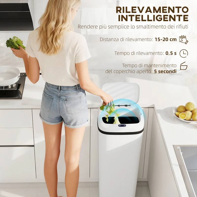 Pattumiera con Sensore a Infrarossi da 50L con 2 Modalità di Apertura Superficie Anti-impronte in Acciaio Inox e ABS Bianco